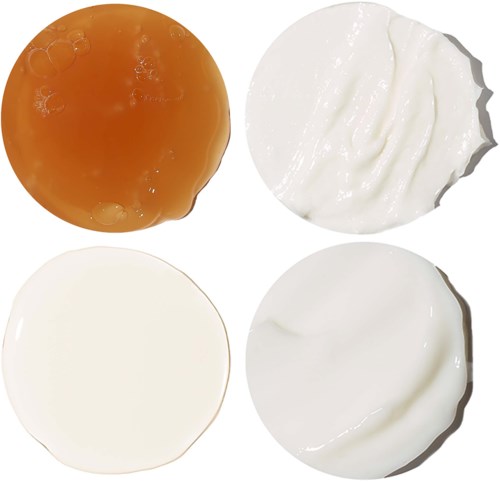 Four different types of creamy cheese or soft spreadable cheeses in various shapes and colors.