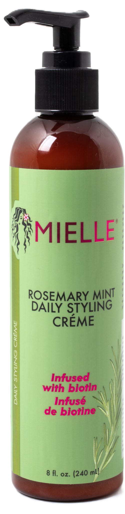 A brown bottle with a pump, labeled MIELLE Rosemary Mint Daily Styling Creme, infused with biotin, 8.8 oz.