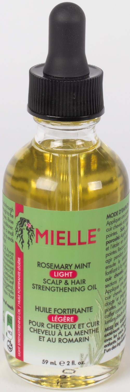 Kleine Glasflasche mit schwarzem Tropfenkopf, enthält gelbes Öl. Etikette zeigt Marke MIELLE, Rosmarin Minze Duft.