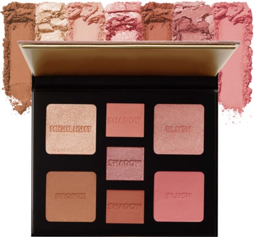 En sminkenpalett med fire farger i et svart case, merket highlight, shadow, blush og bronze. Prøver av hver farge er bak paletten.