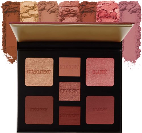 En sminkpalett med seks nyanser, inkludert highlighter, skygger og blush i varme toner. Paletten er åpen.