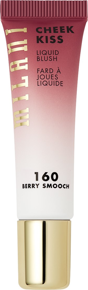 Lipgloss tube met roze-naar-witte verloop, gouden dop, en tekst voor een bessenkleurige blush.