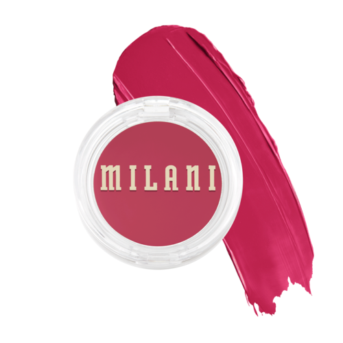 A round makeup container with the word 'Milani' and a pink lipstick smear behind it.