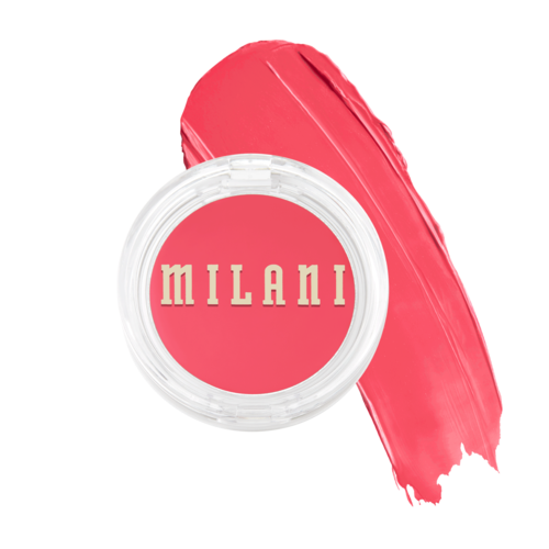 A pink container with a pink powder and a white lid with 'Milani' written on it.