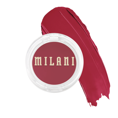 A small round container of Milani blush with a deep pink shade, and a paint stroke of the same color next to it.