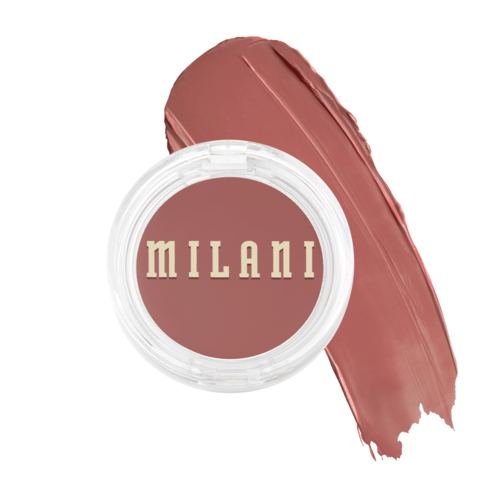 A round container with the word 'Milani' and a pinkish lip gloss smudge behind it.