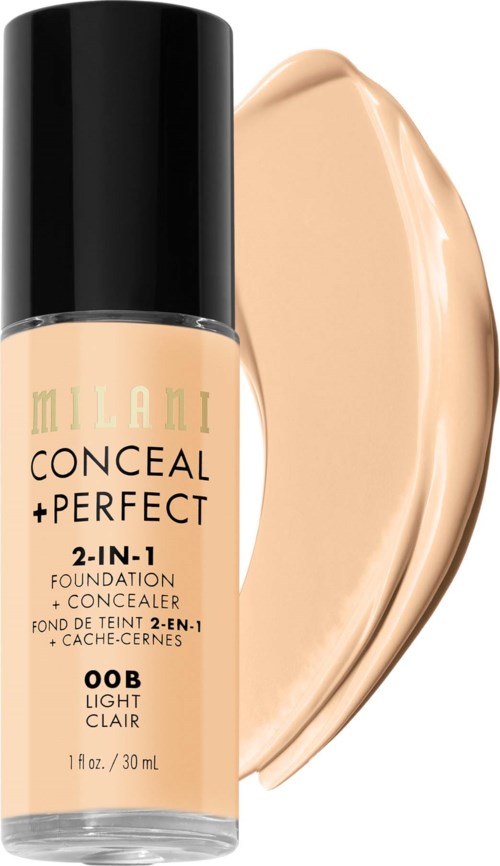Milani Conceal + Perfect foundation in shade 00B light clair, with a swatch showing creamy texture and light color.