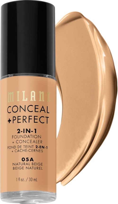 A bottle of Milani Conceal + Perfect foundation with a swatch of the beige shade beside it.