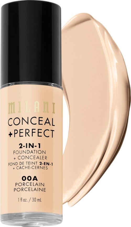 Een foundationfles met Milani Conceal + Perfect 2-in-1, met een beige swatch van foundation ernaast.