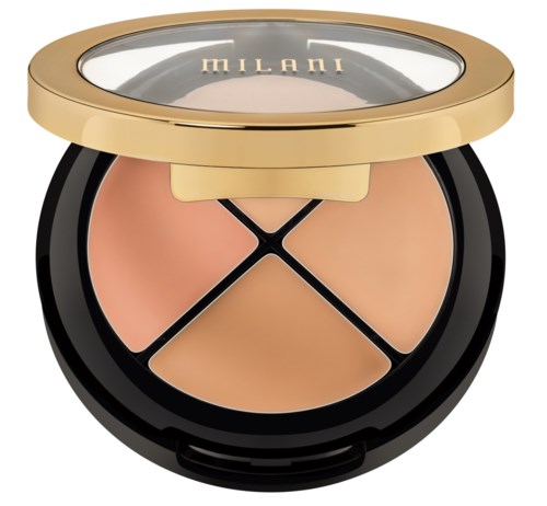 Een kleine make-uppot met drie tinten poeder en een gouden deksel met doorzichtig bovenkant. Het merk is Milani.