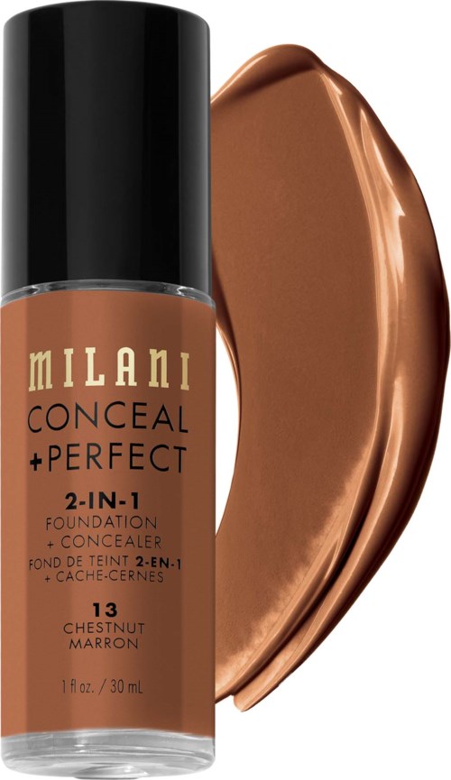 A foundation bottle with a swatch of brown foundation and text indicating Milani brand, shade 13 Chestnut.