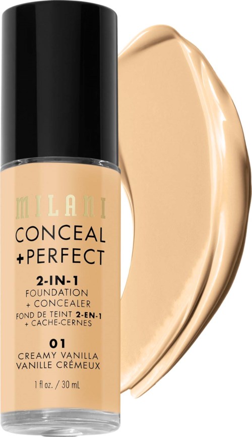 The image shows a beige foundation bottle with a black cap, and a smear of foundation beside it.