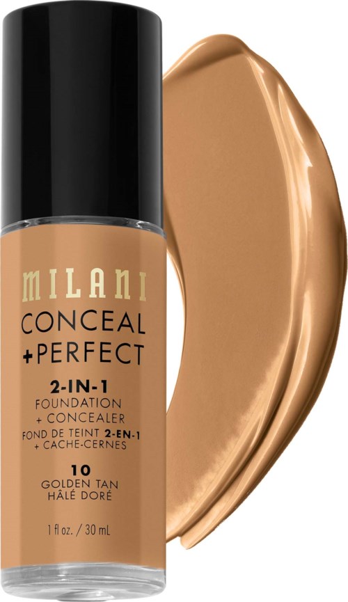 Milani foundation bottle labeled 'Conceal + Perfect' in shade 10, with a swatch of the foundation color beside it.