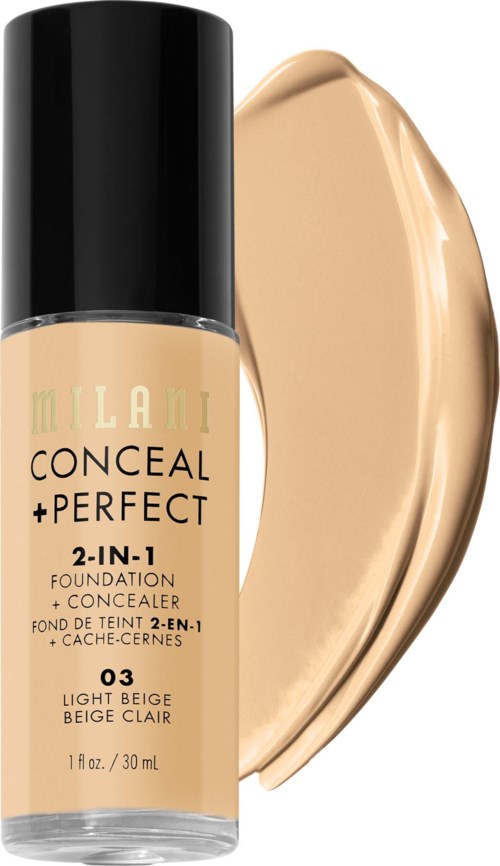 A foundation bottle labeled 'Milani Conceal + Perfect 2-in-1,' with beige liquid foundation spread beside it.