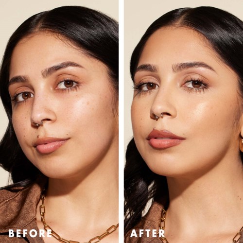 Side-by-side photos show a woman before and after skincare, with clearer skin and makeup enhancement in the second image.