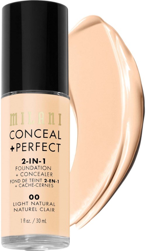 A Milani foundation bottle next to a swatch of the light natural shade.