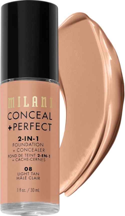 Milani makeup bottle with a beige foundation swatch next to it, labeled as 'Light Tan'.
