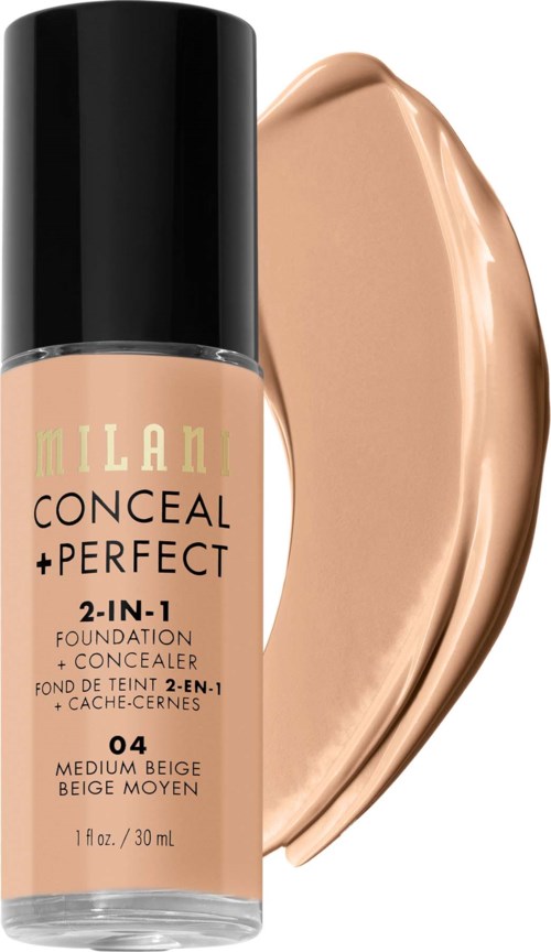 A bottle of liquid foundation with beige color and a swatch of the product next to it.