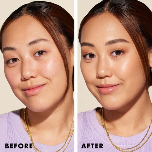 A young woman with clear skin before and after skincare treatment, smiling softly. She has brown hair and gold necklaces.
