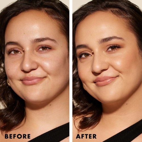A woman shows her face before and after a skincare or makeup improvement, with clearer, glowing skin and subtly enhanced features.