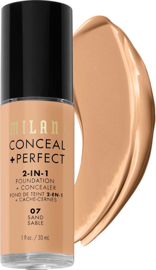 Milani Conceal + Perfect foundation in shade 07 Sand Sable, with a swatch showing light beige color.