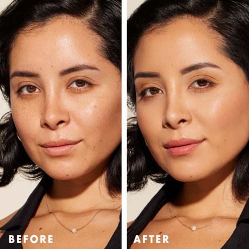 A woman with clear skin, dark hair, and a gentle smile, shown before and after skincare or makeup application.
