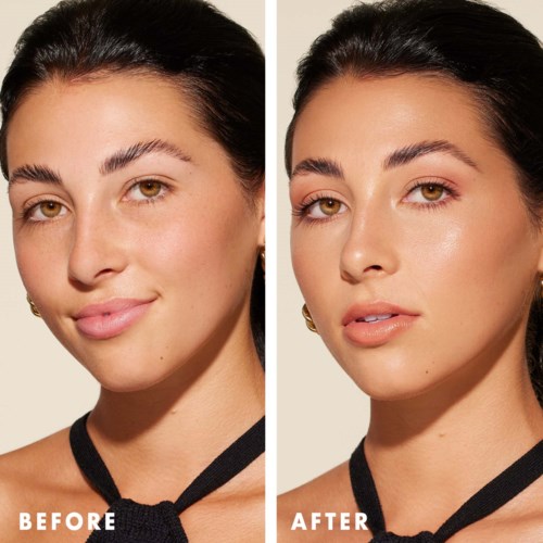 A woman with clear skin before and after makeup, showing improved glow and face enhancement.