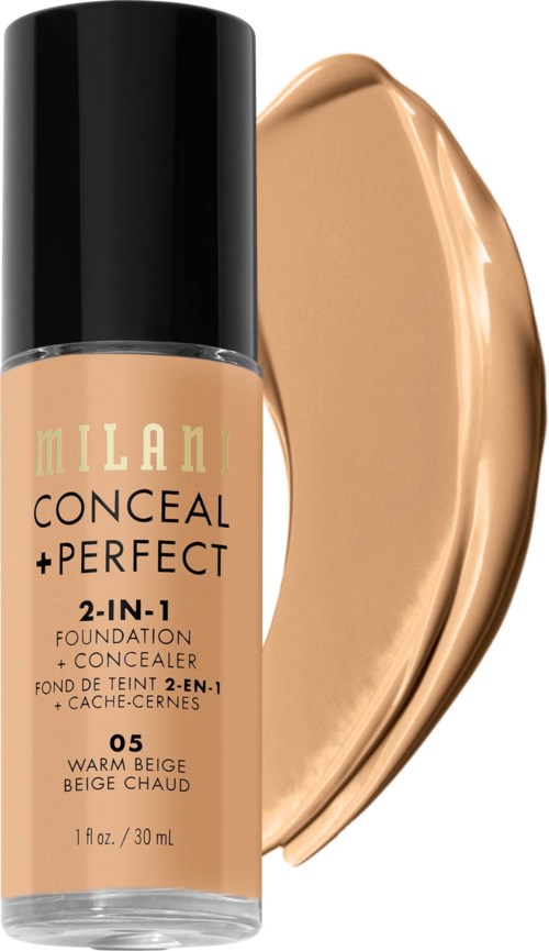 A bottle of Milani foundation with warm beige color and a swatch showing smooth, creamy texture.