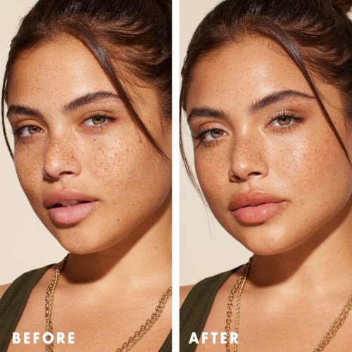 A woman with clear skin, showing before and after photos of skincare improvement. She has long brown hair and wears a gold chain.