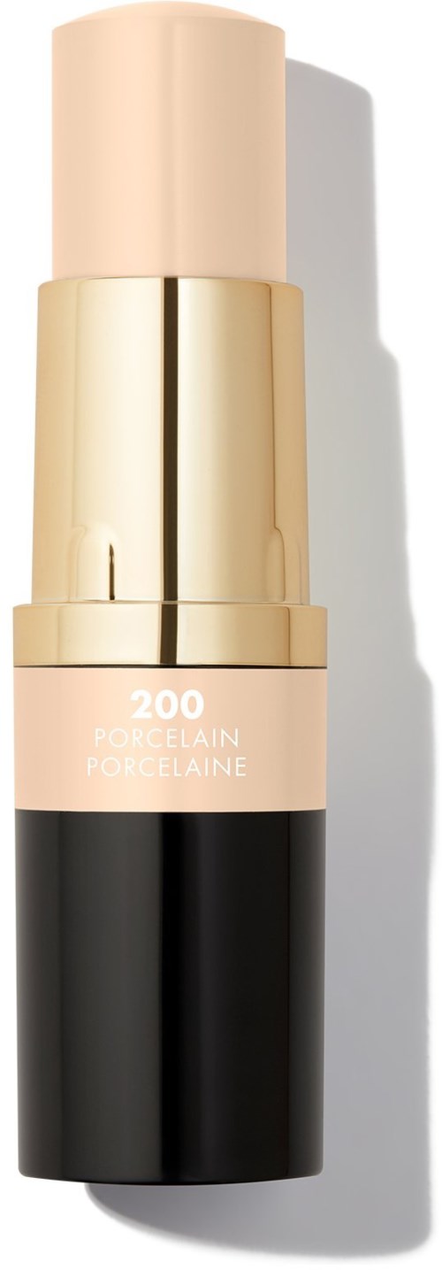 EnMakeup-stift med beige lock, guldmitten och svart botten, märkt '200 Porcelaine'.