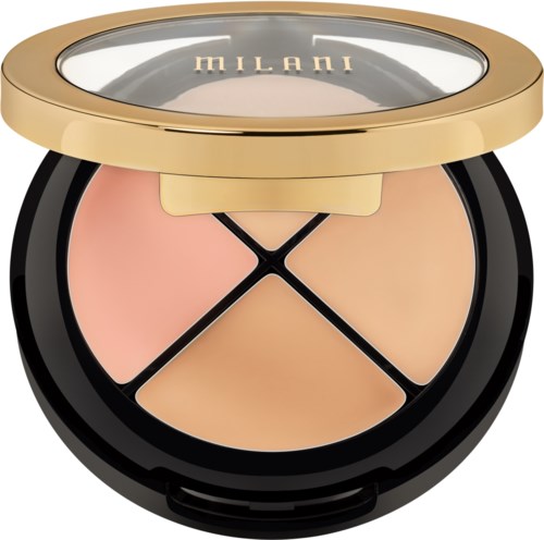 Ein Make-up-Kommode mit drei Puderschattierungen, mit goldener Abdeckung, durchsichtigem Deckel und dem Markennamen 'Milani'.