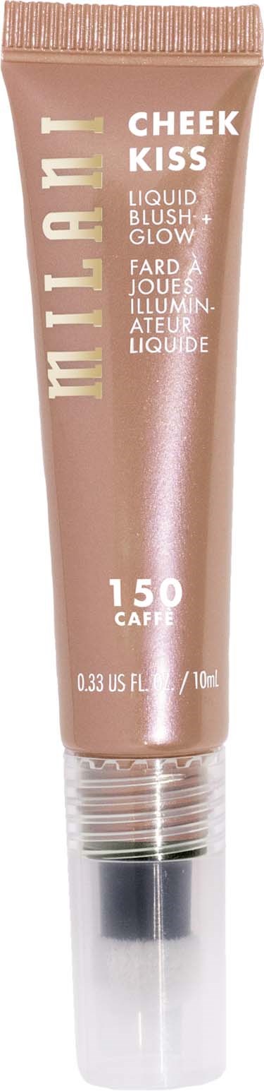 A makeup tube labeled 'Milani Cheek Kiss Liquid Blush Glow' in a beige color with 150 Caffé shade. Bright and shiny.