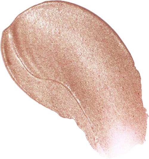 A beige, shimmery makeup swatch with a curved shape and smooth texture.