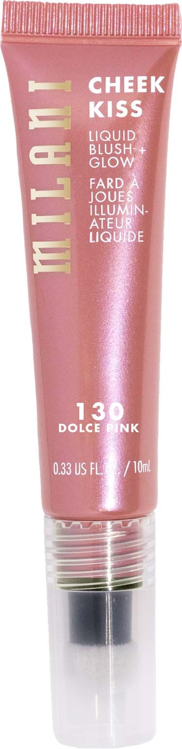 A pink gloss tube with a clear cap, labeled 'Milani Cheek Kiss' and shade '130 Dolce Pink.'