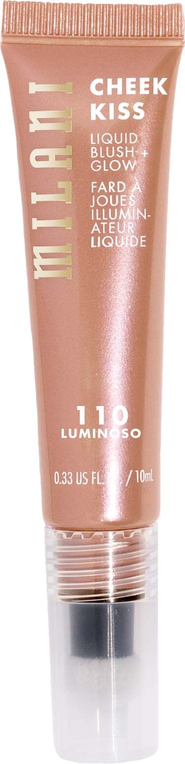 Tube met Milani Cheek Kiss vloeibare blush in roze tint en 110 luminoso label.