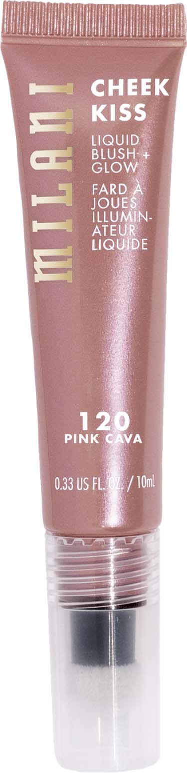 Roze tube met vloeibare blush met gouden en witte tekst, gemerkt 'Cheek Kiss' en 'Milani'.