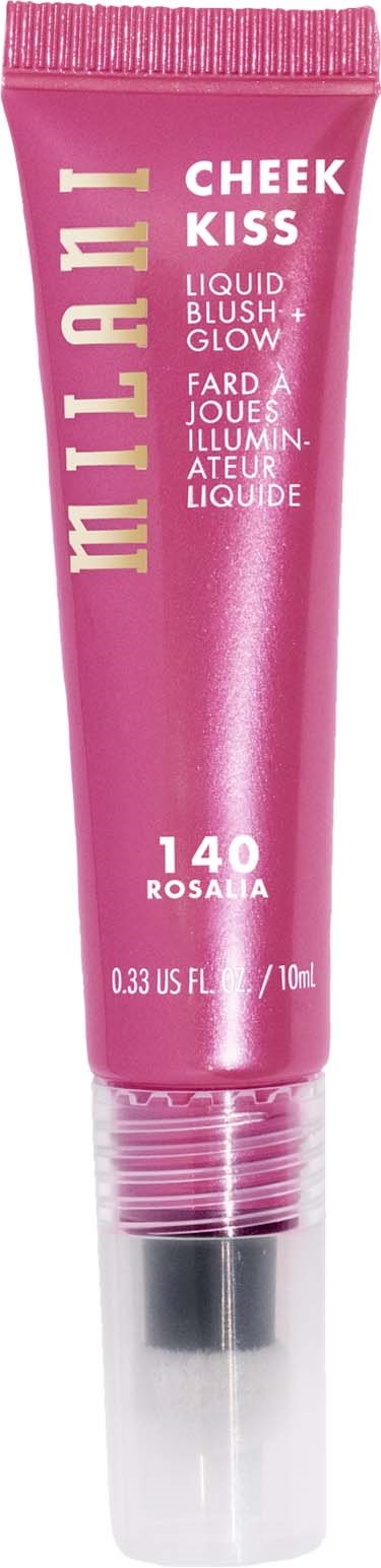 Een roze tube met wangglans met gouden tekst, genaamd 'Milani Cheek Kiss', kleur '140 Rosalia'.