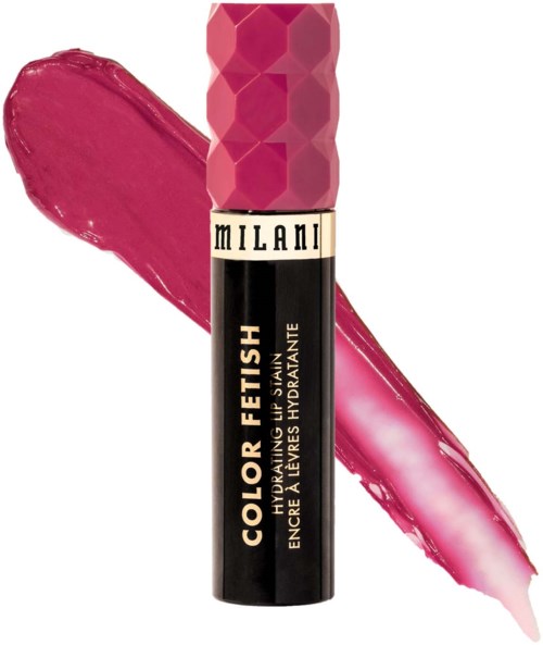 Lip gloss tube with pink cap and black body, with pink lipstick swipe background.