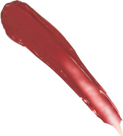 Een rode lippenstift of lipgloss met een lange, gebogen vorm. Het heeft een glanzend, glad oppervlak en tapert naar een punt.