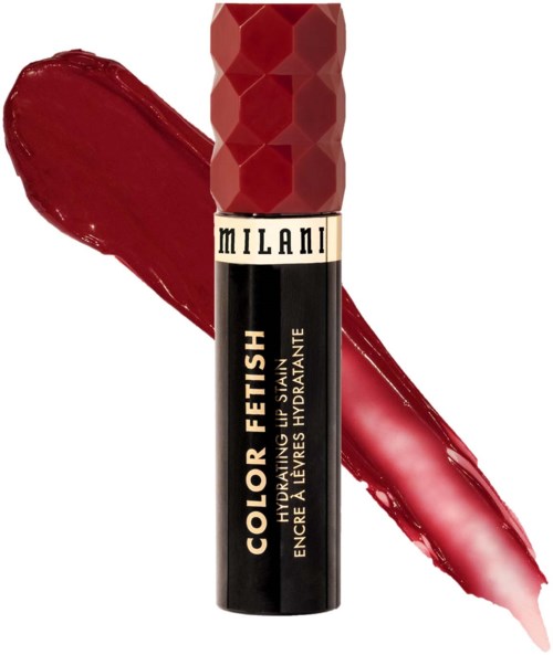 Red lipstick with a textured cap, labeled 'Milani' and 'Color Fetish'.