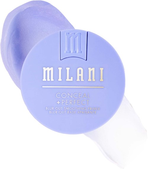 Ein kleiner lila Behälter mit der Aufschrift 'Milani Conceal + Perfect' und weißem Deckel, wahrscheinlich ein Kosmetika.