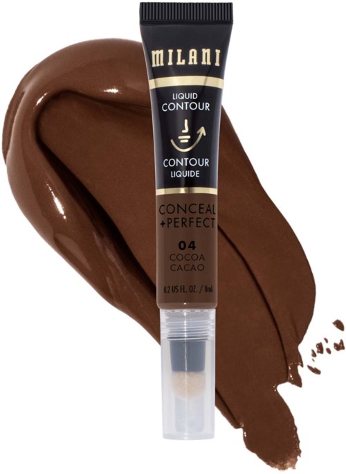 A tube of Milani Conceal + Perfect liquid contour in cocoa shade, with brown makeup swatch behind it.