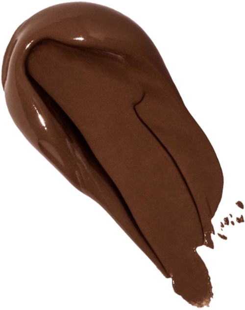 A spoonful of smooth, melted chocolate with a glossy surface, slightly curved and spilling at the end.