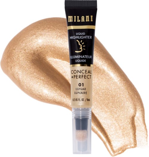 Een tube Milani highlighter met gouden crème erachter.