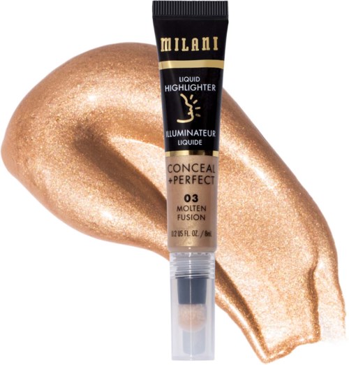 Een tube Milani vloeibare highlighter met een goudkleurige streek op de achtergrond.