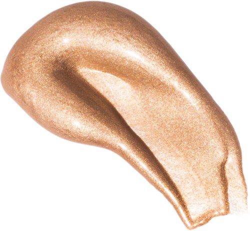 Een glanzende, goudkleurige cosmetische vloeistof met een druppelvorm en een glad, sprankelend oppervlak.