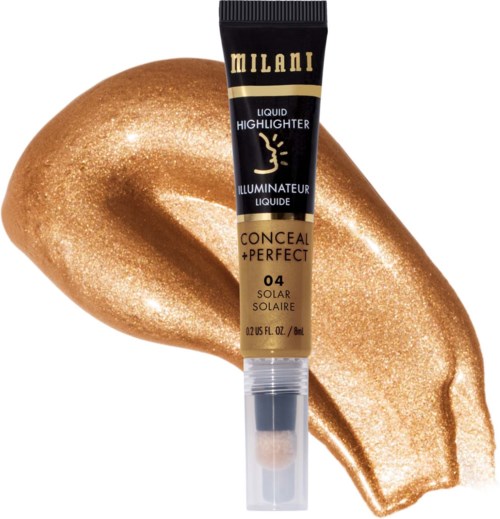 Tube of Milani liquid highlighter with a gold swatch behind it.