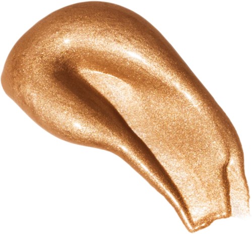 A shiny, gold-colored makeup or cosmetic product in a drop shape.