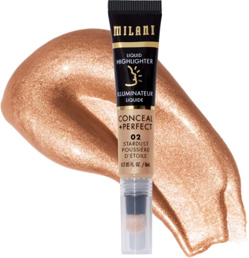 Een tube van Milani vloeibare highlighter met een glanzende gouden make-up erachter.