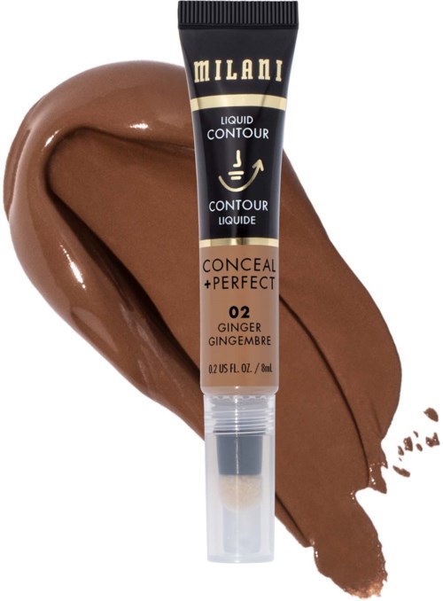 Een Milani concealer tube genummerd '02 Ginger' met bruine vloeistof en een streek erachter.